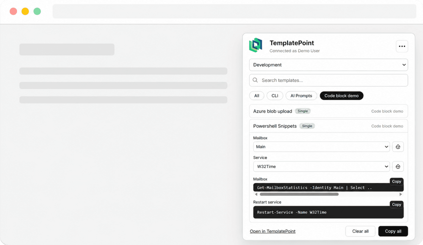 TemplatePoint extension open over a web page with workspace search, structured template fields, and copy actions